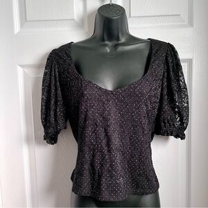 3/25$💥 Y2K Dynamite Lace Top Polka Dot Floral Blouse Crop Medium Women Black